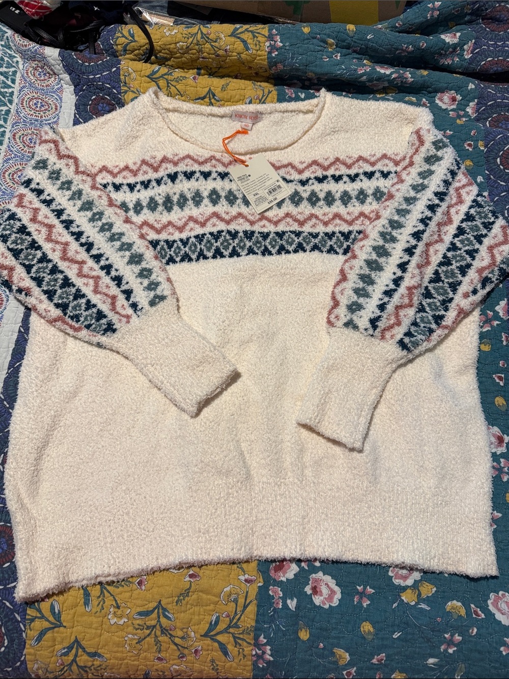 Knox Rose Cream Chenille Fair Isle Crewneck Sweater with Blue & Dusty Rose